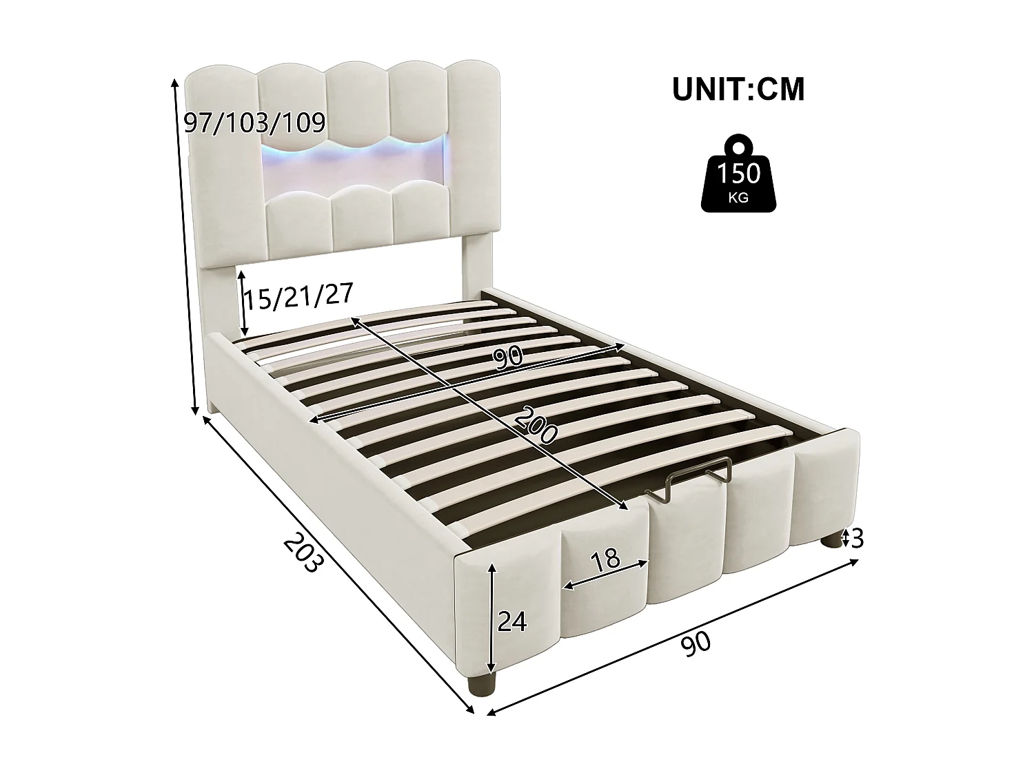 Gestoffeerd Bed 90x200 cm - Velours Met LED-Lichtband - Hydraulische Opbergruimte - Verstelbaar Hoofdeinde - MDF Velours - Beige - Zonder matras