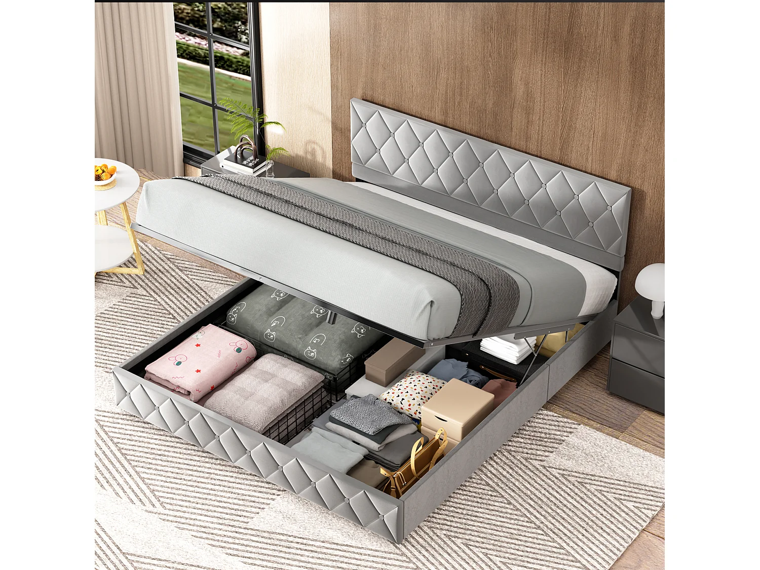 Volwassenenbed met opbergruimte 180x200 cm, verstelbaar hoofdeinde en lattenbodem, elegant en modern, grijs fluweel, matras niet inbegrepen