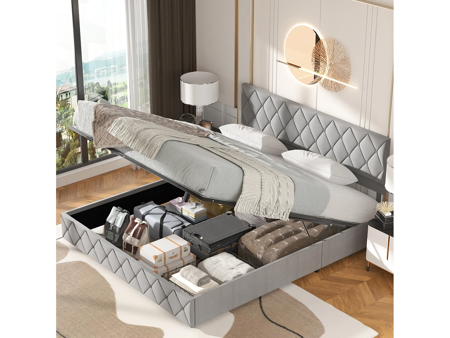 Volwassenenbed met opbergruimte 180x200 cm, verstelbaar hoofdeinde en lattenbodem, elegant en modern, grijs fluweel, matras niet inbegrepen