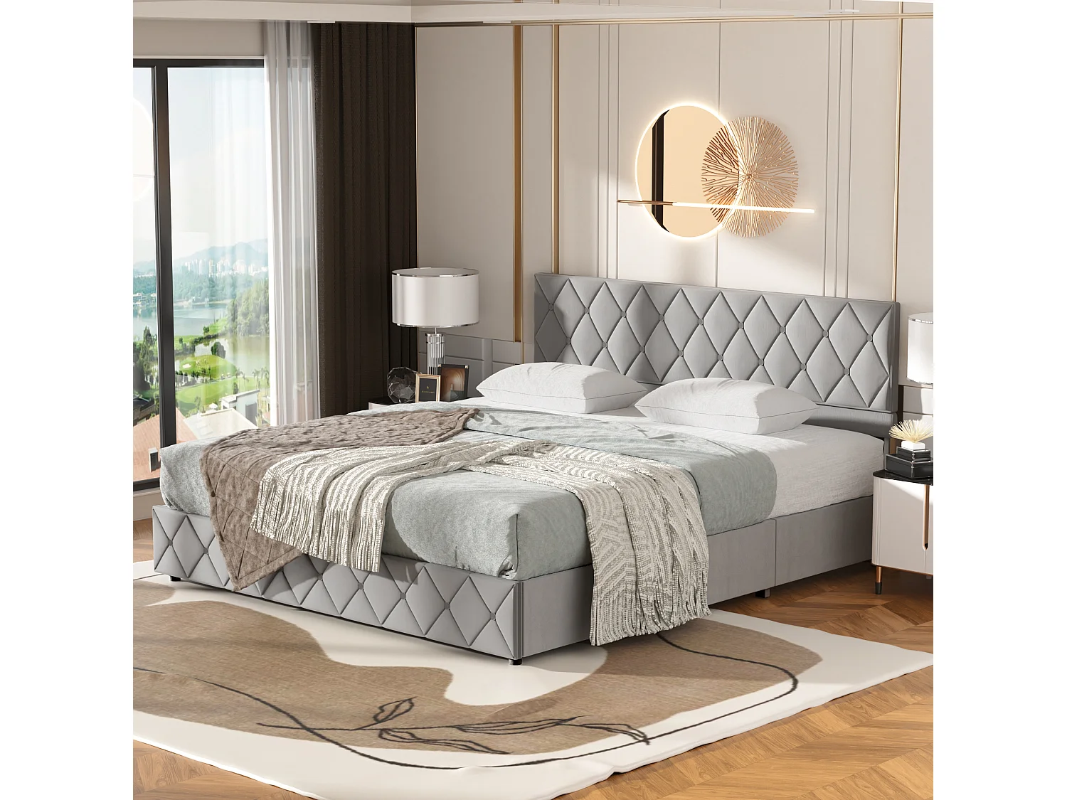 Volwassenenbed met opbergruimte 180x200 cm, verstelbaar hoofdeinde en lattenbodem, elegant en modern, grijs fluweel, matras niet inbegrepen