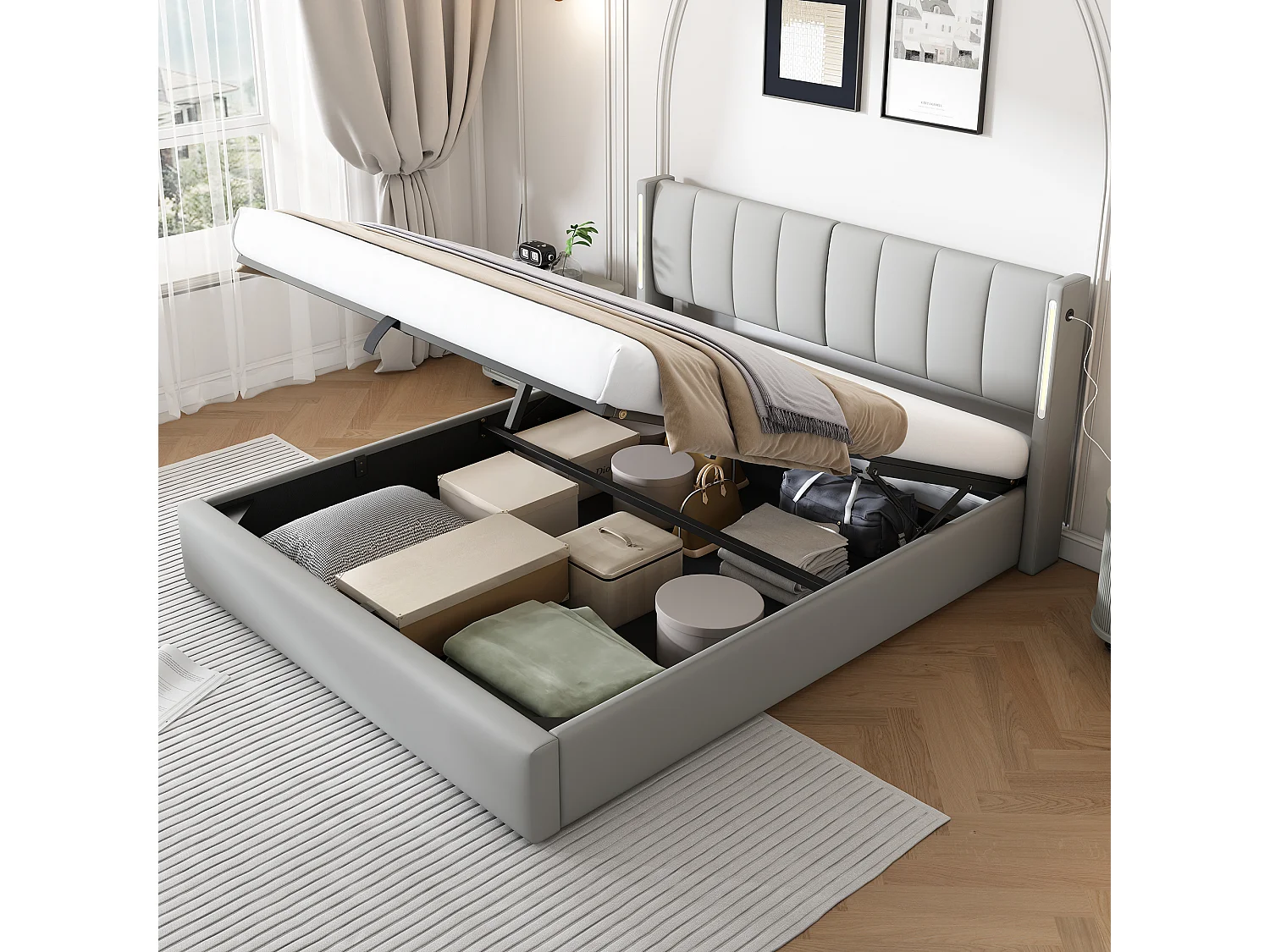 Gestoffeerd Bed 140x200cm - Met USB Oplaadpunt en LED Verlichting - Hydraulisch Verstelbaar 0–30° - Met Opbergruimte - PU - Grijs - Zonder matras