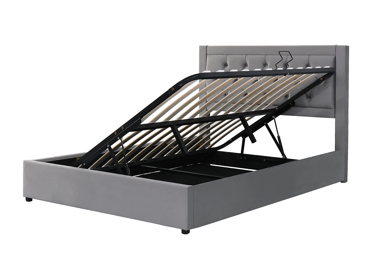 Lit double Lit coffre 140x200 cm, avec tête de lit, sommier, structure en acier, gris, sans matelas