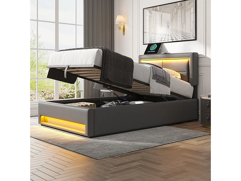 Lit coffre moderne 140x200 cm, port USB (charge sans fil et filaire), LED,  rangement, PU gris, sans matelas