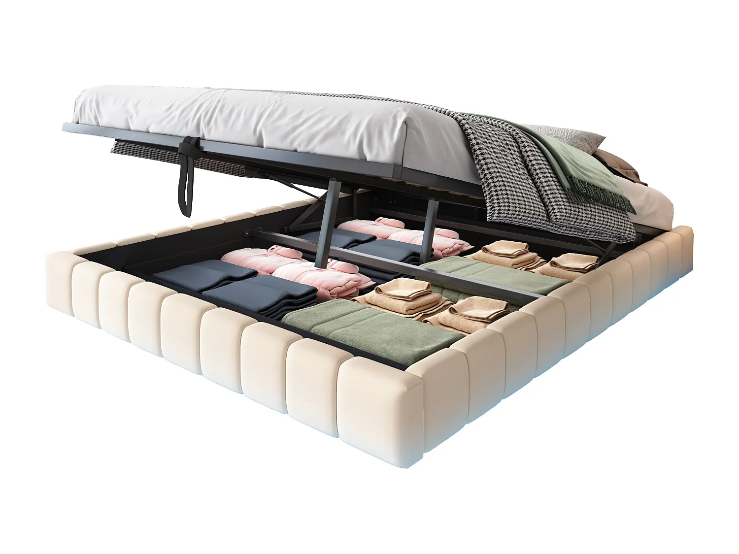 Gestoffeerd Bed 160x200 cm - Zwevend Design met LED - Hydraulische Lift - met Ruime Opbergruimte - voor Slaapkamer - Linnen - Beige - Zonder matras