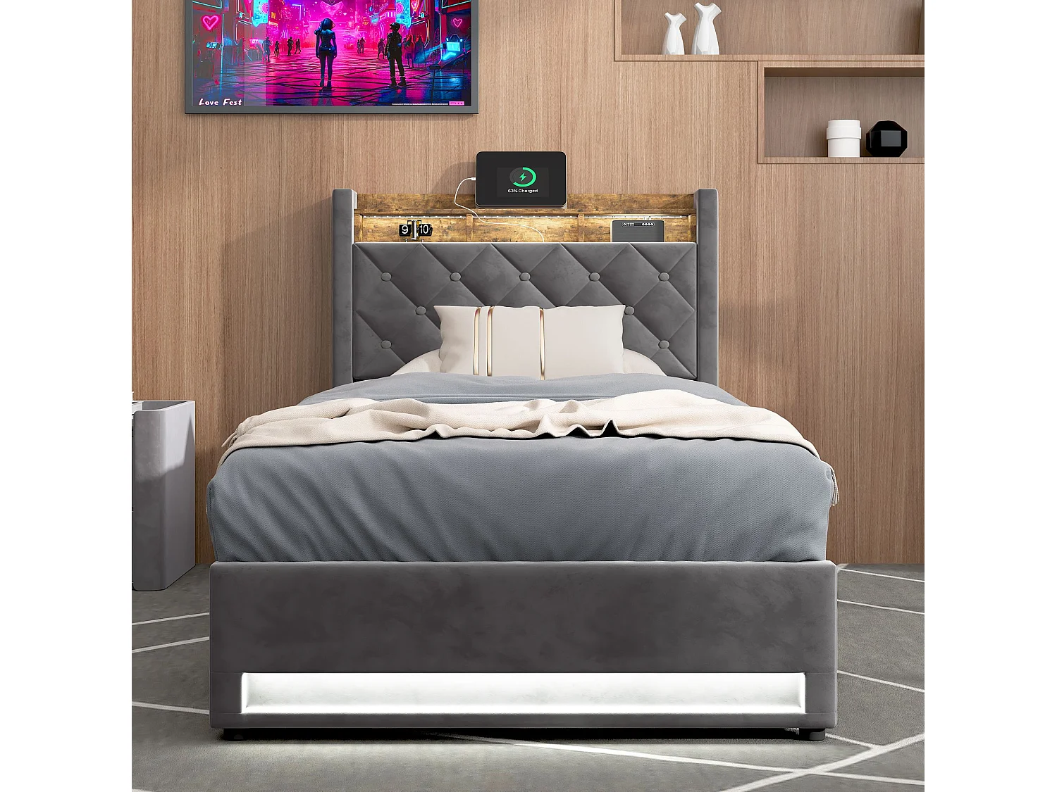Eenpersoons Opbergbed 90 x 190 cm - Hoofdbord Met USB-Poort En LED - MDF + Donkergrijs Fluweel - Zonder Matras