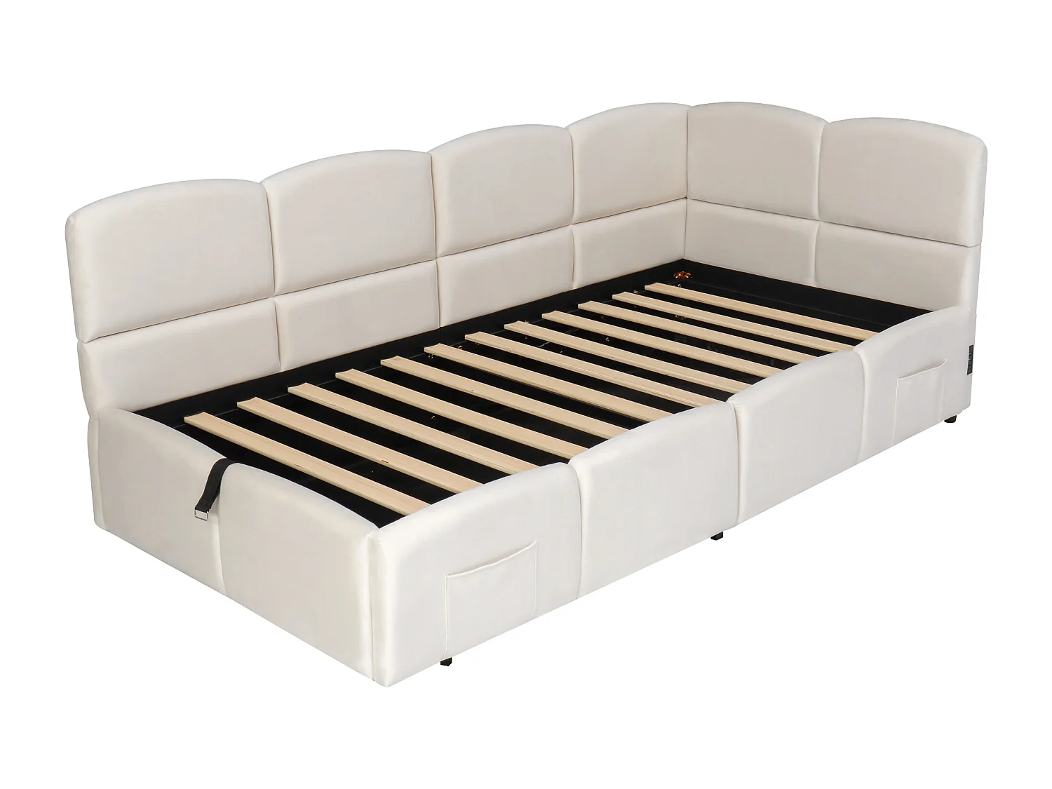 Kinder Opbergbed 90 x 200 cm Met Stoffen Bekleding, USB-Oplader En Opbergzak, Beige Fluweel, Zonder Matras