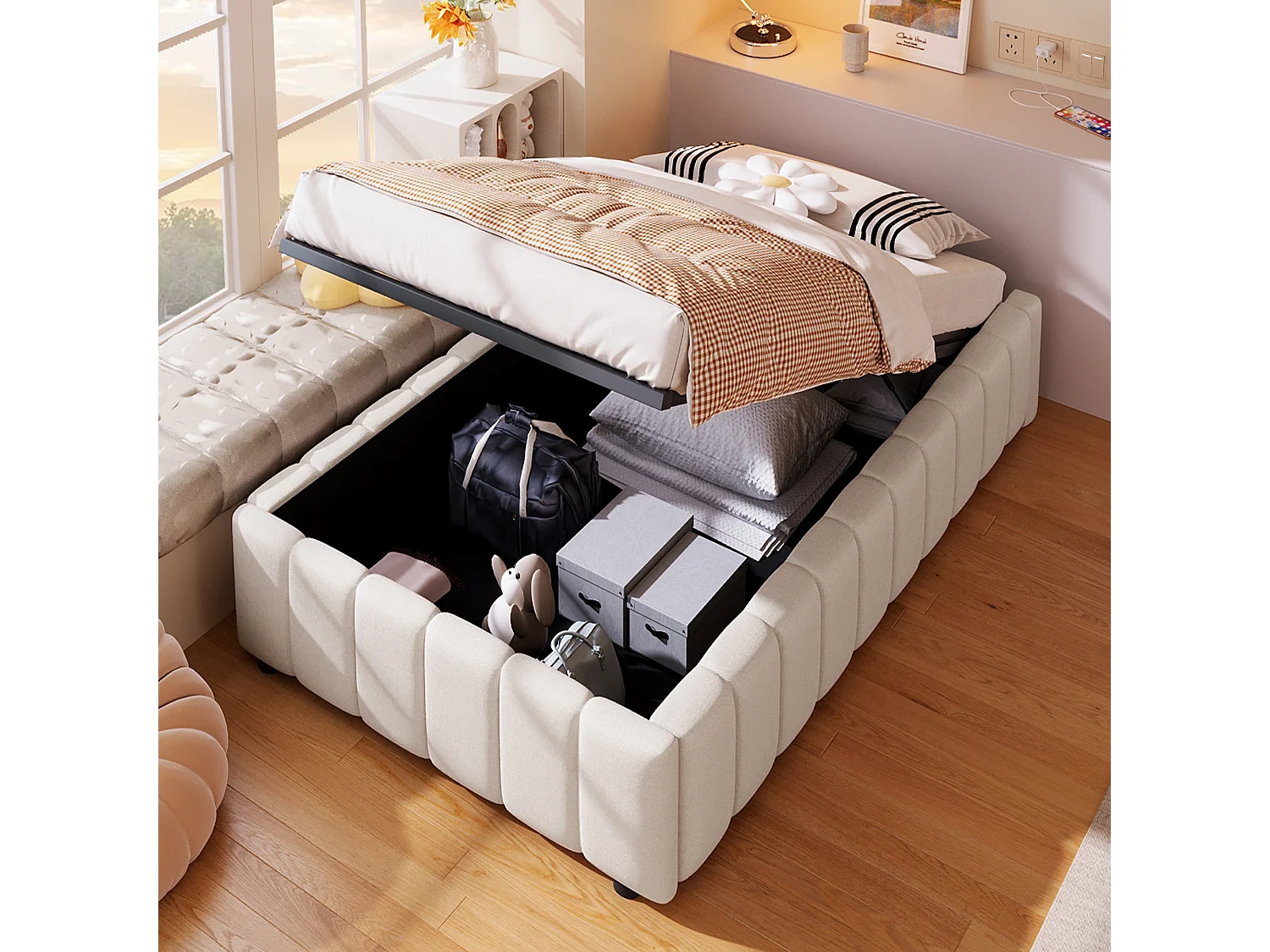 Lit coffre simple 90x200cm, tissu en fond, sans tête de lit, en MDF+ lin beige, sans matelas