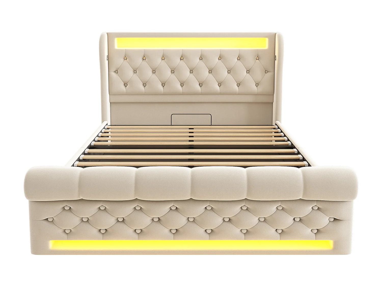 Gestoffeerd Bed 160x200cm - Omringende LED Met Muziekmodus - Hydraulisch Opbergbed Met USB/Type-C Oplaadpunt - Fluweel - Beige - Zonder Matras