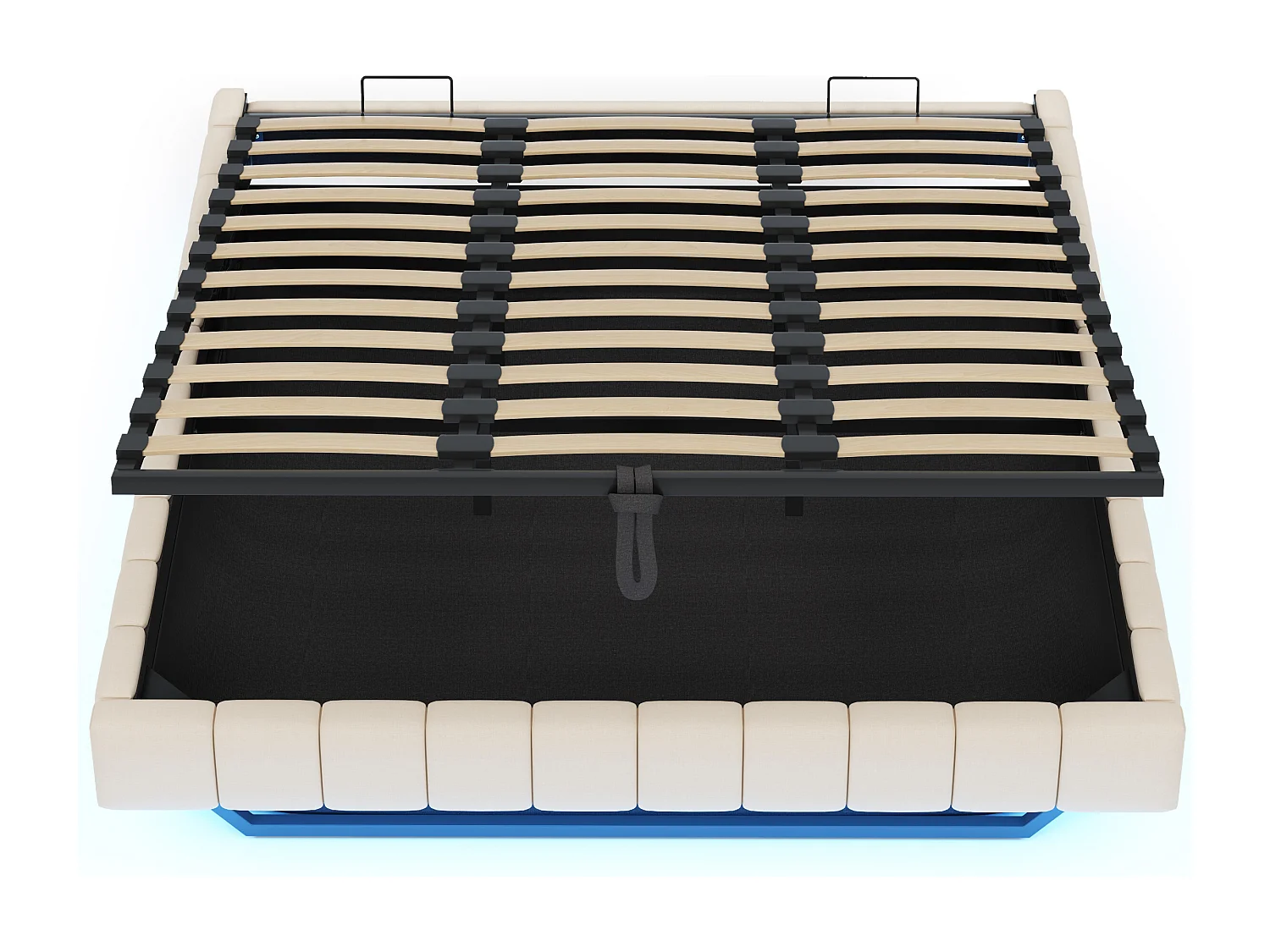 Lit coffre moderne 180x200 cm, tissu en fond, rangement, sans tête de lit, LED, lin beige, sans matelas