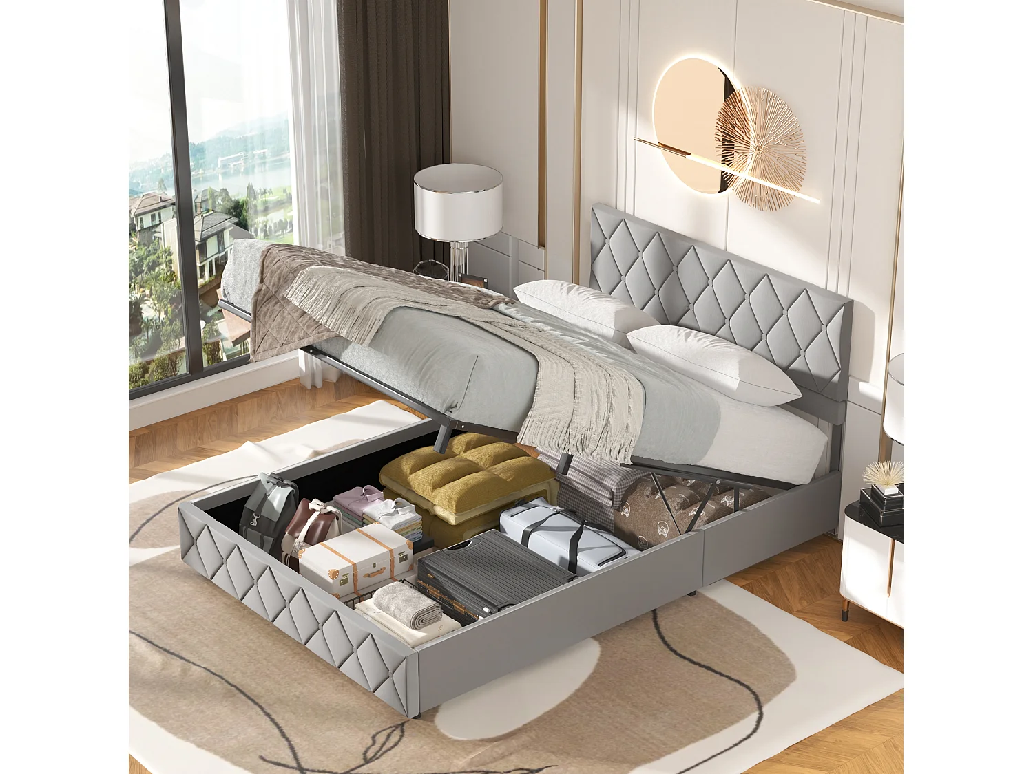 Tweepersoons opbergbed 160x200 cm, opbergruimte, verstelbaar hoofdeinde, elegant en modern, grijs fluweel, matras niet inbegrepen