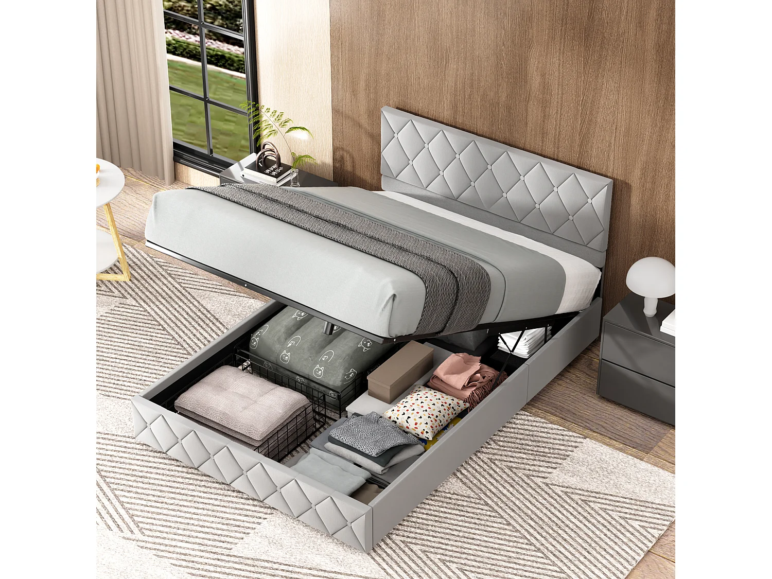 Tweepersoons opbergbed 160x200 cm, opbergruimte, verstelbaar hoofdeinde, elegant en modern, grijs fluweel, matras niet inbegrepen