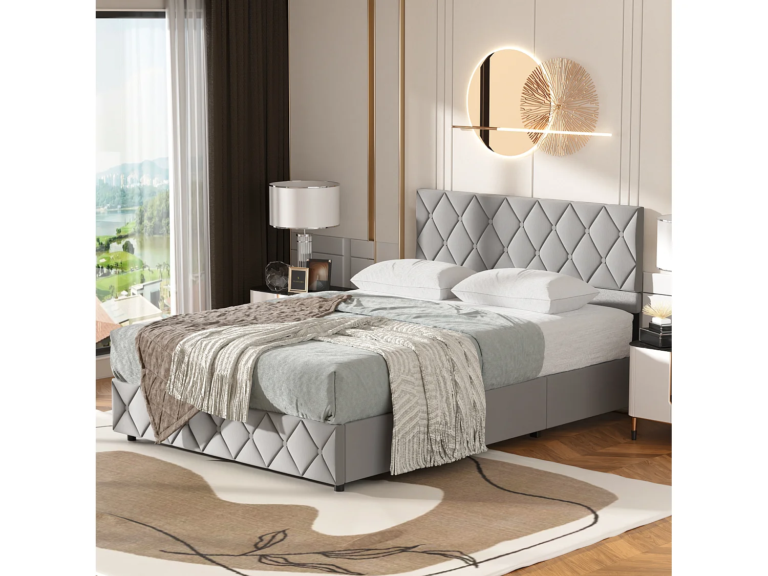 Tweepersoons opbergbed 160x200 cm, opbergruimte, verstelbaar hoofdeinde, elegant en modern, grijs fluweel, matras niet inbegrepen