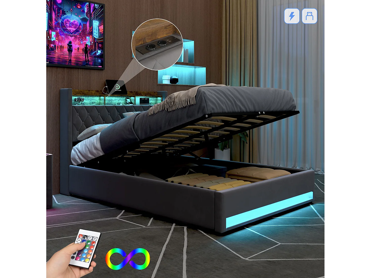 lit coffre double 140x200cm, tête de lit avec port USB, LED, en MDF+ velours gris foncé, sans matelas