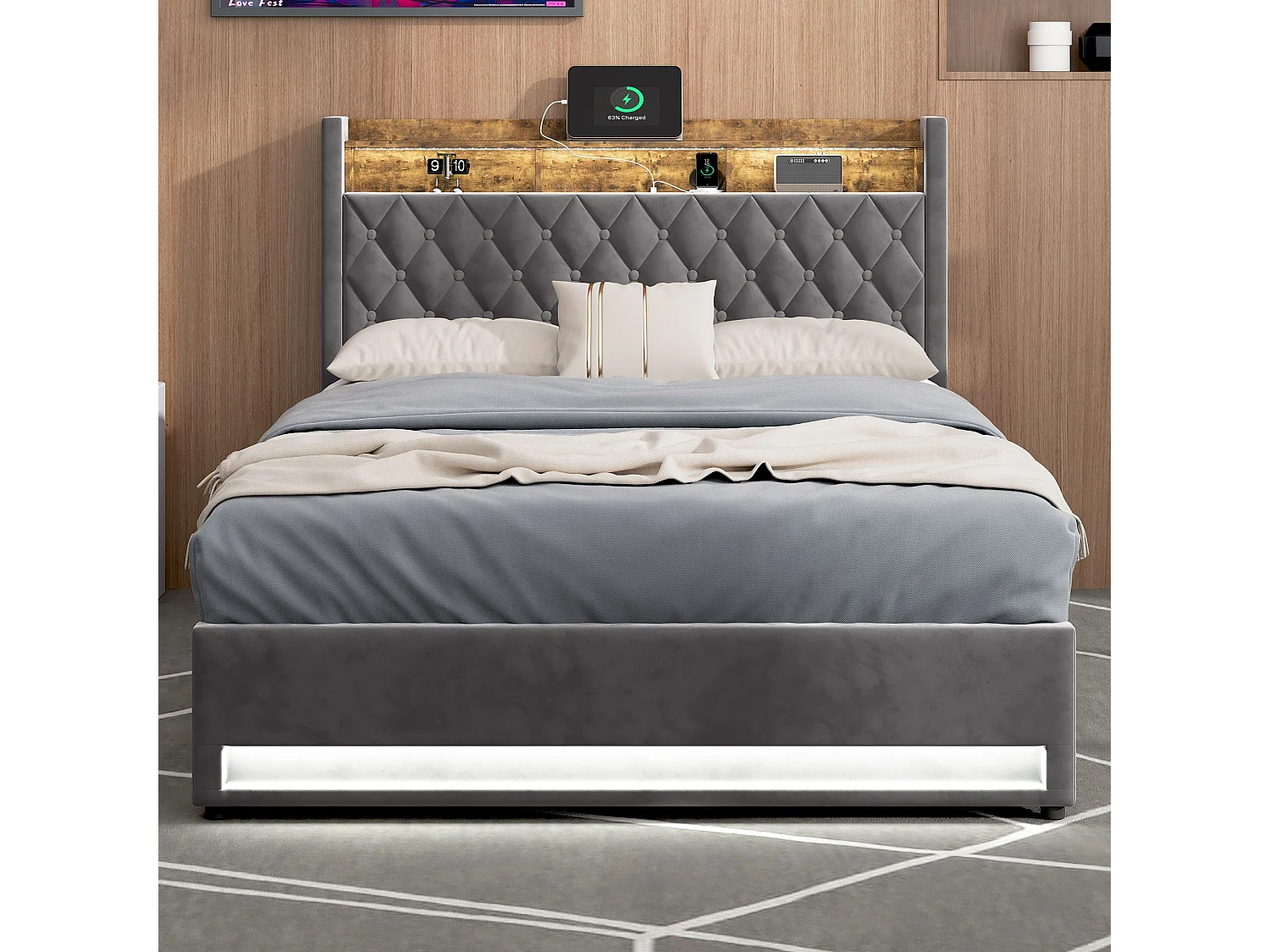 lit coffre double 140x200cm, tête de lit avec port USB, LED, en MDF+ velours gris foncé, sans matelas