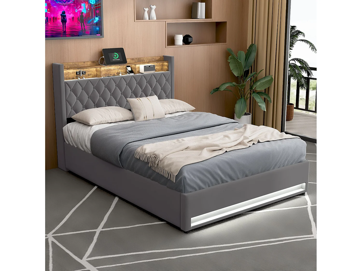 lit coffre double 140x200cm, tête de lit avec port USB, LED, en MDF+ velours gris foncé, sans matelas