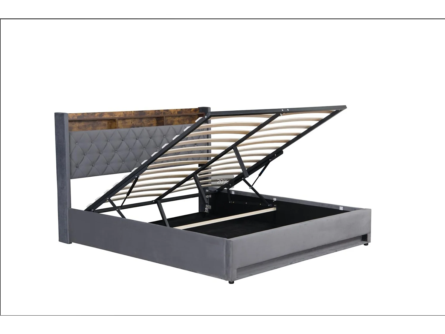 lit coffre double 140x200cm, tête de lit avec port USB, LED, en MDF+ velours gris foncé, sans matelas