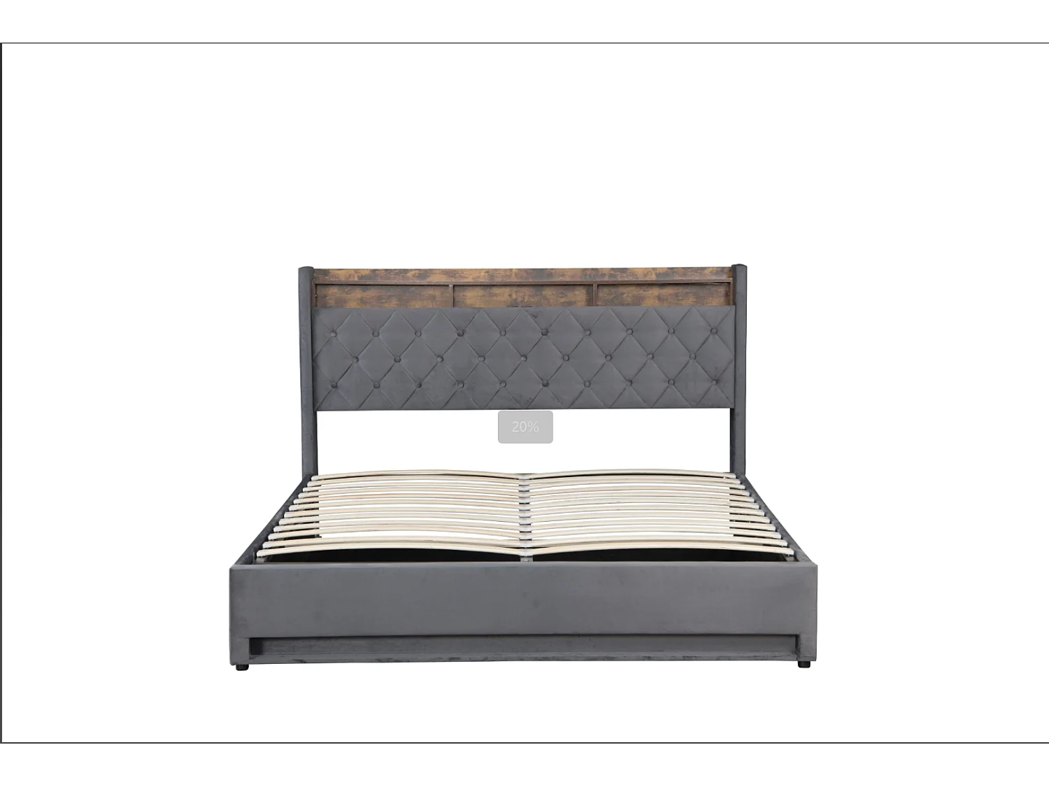 lit coffre double 140x190cm, tête de lit avec port USB, LED, en MDF+ velours gris foncé, sans matelas