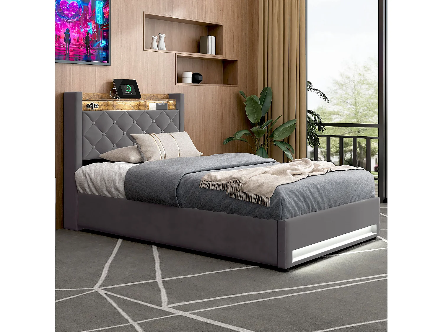 lit coffre simple 90x200cm, tête de lit avec port USB, LED, en MDF+ velours gris foncé, sans matelas