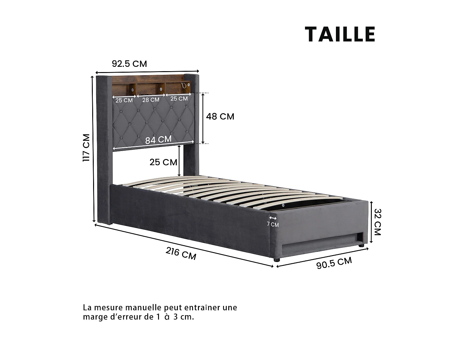 lit coffre simple 90x200cm, tête de lit avec port USB, LED, en MDF+ velours gris foncé, sans matelas