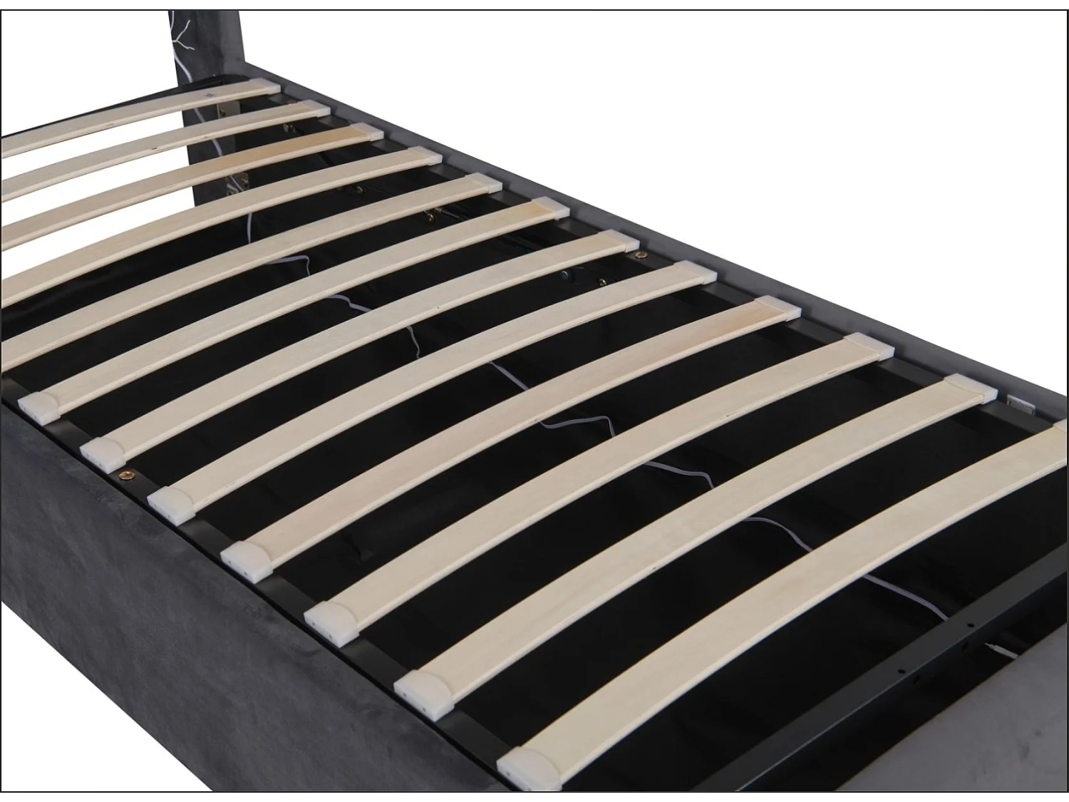 lit coffre simple 90x200cm, tête de lit avec port USB, LED, en MDF+ velours gris foncé, sans matelas