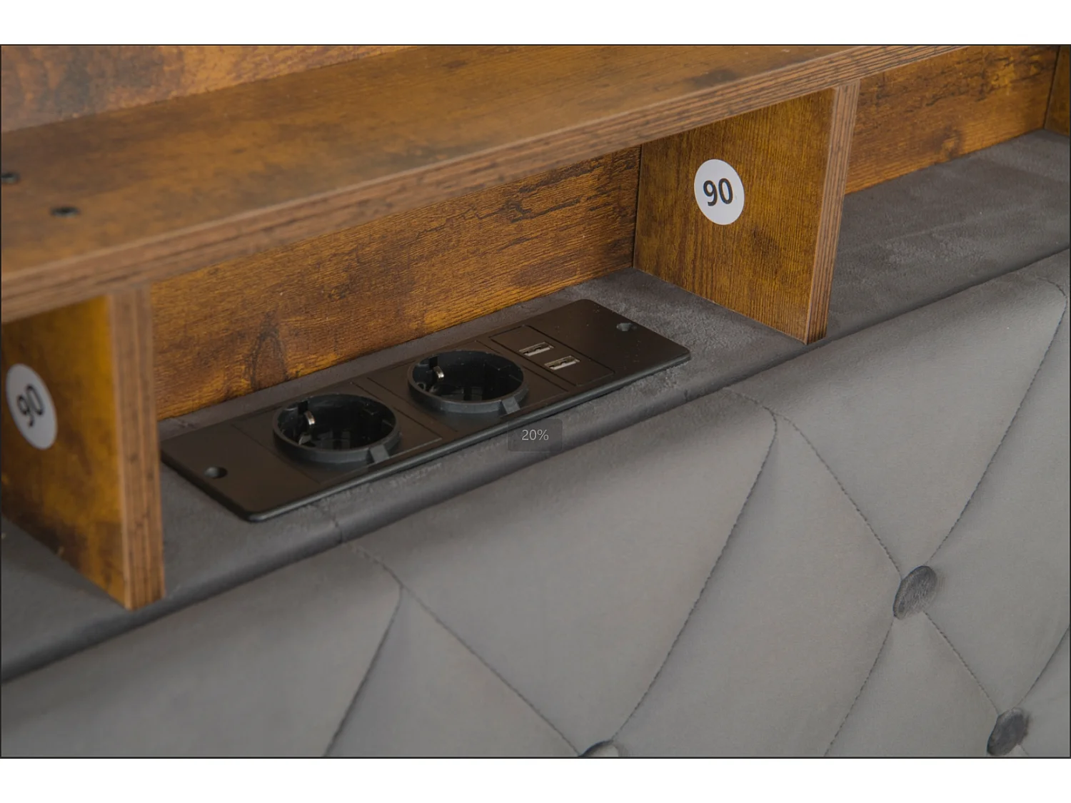 lit coffre simple 90x200cm, tête de lit avec port USB, LED, en MDF+ velours gris foncé, sans matelas