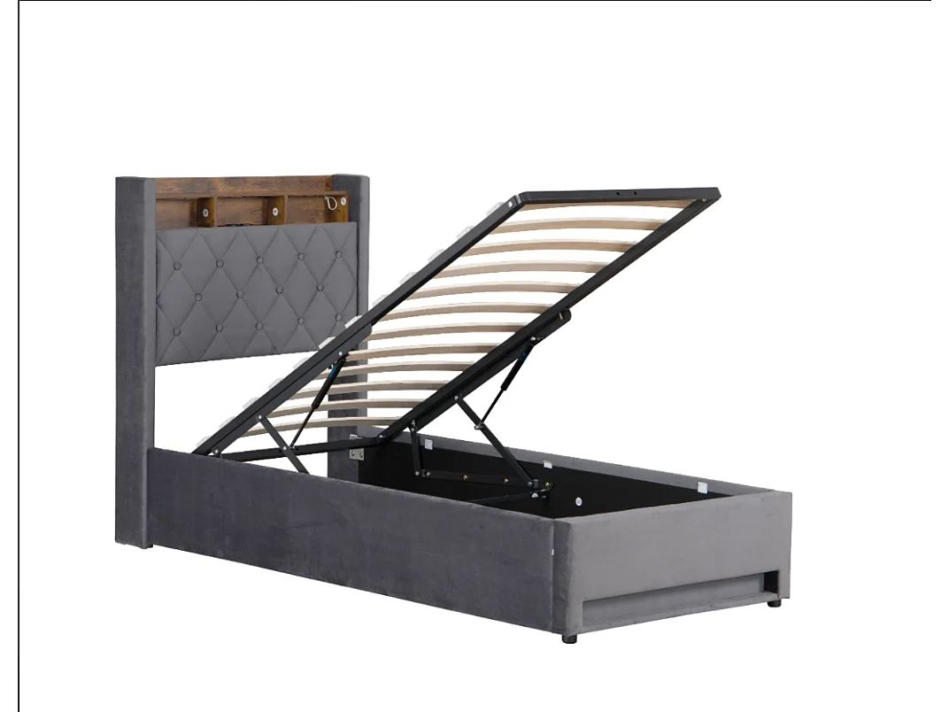 lit coffre simple 90x200cm, tête de lit avec port USB, LED, en MDF+ velours gris foncé, sans matelas