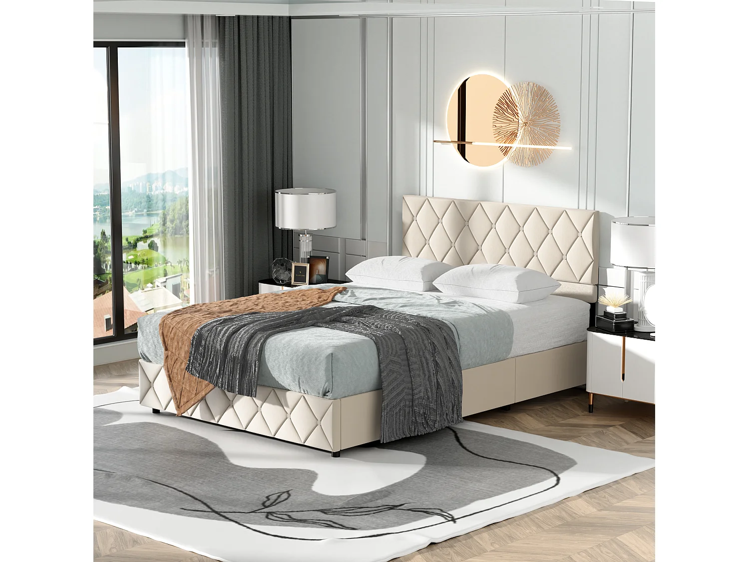 Opbergbed 140x200 cm, Elegant en Modern, Verstelbare Hoofdbord, Beige Velours, Zonder Matras