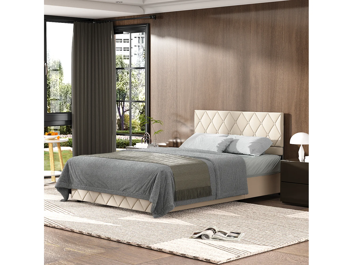 Opbergbed 140x200 cm, Elegant en Modern, Verstelbare Hoofdbord, Beige Velours, Zonder Matras