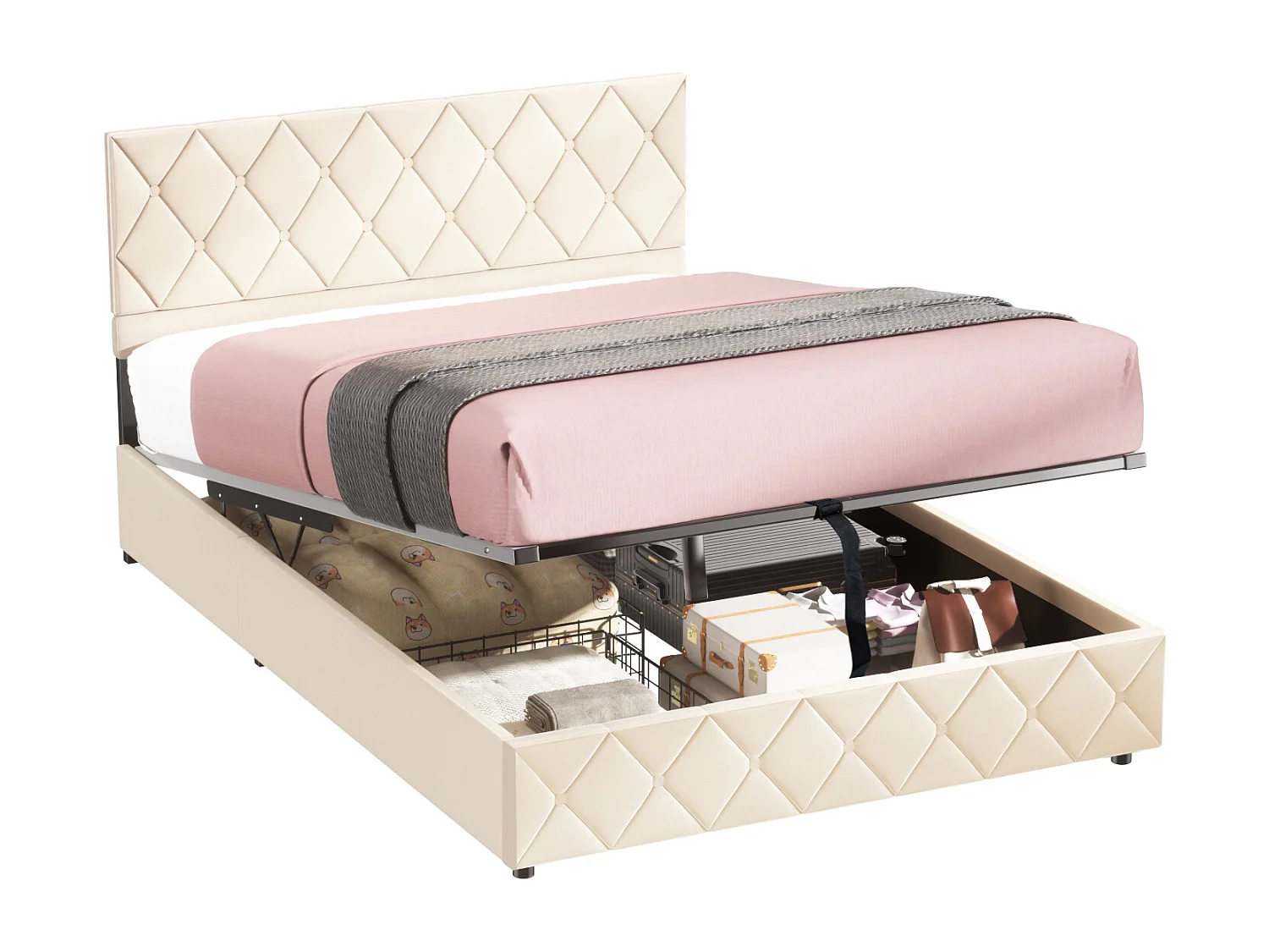 Opbergbed 140x200 cm, Elegant en Modern, Verstelbare Hoofdbord, Beige Velours, Zonder Matras