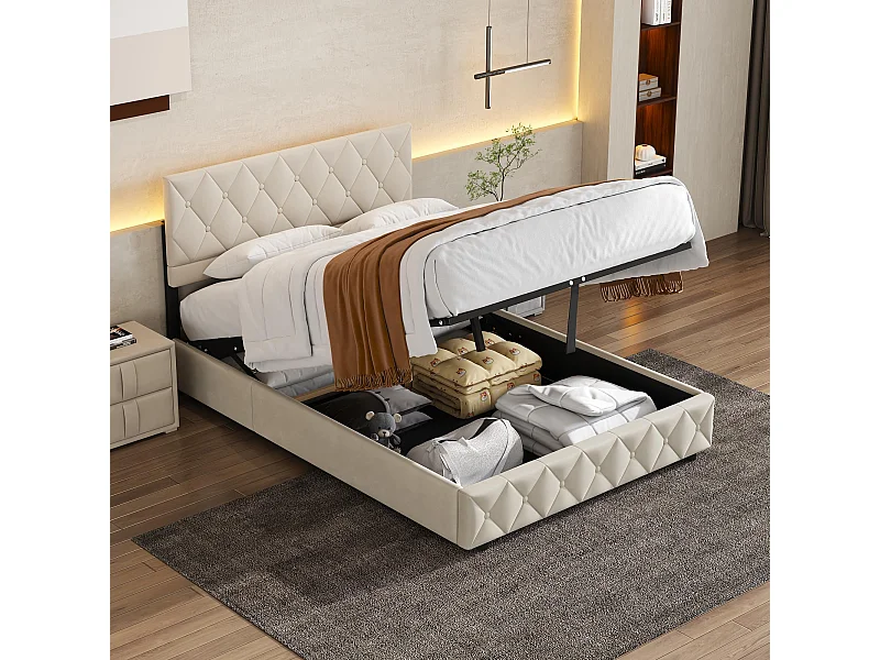 Opbergbed 140x200 cm, Elegant en Modern, Verstelbare Hoofdbord, Beige Velours, Zonder Matras