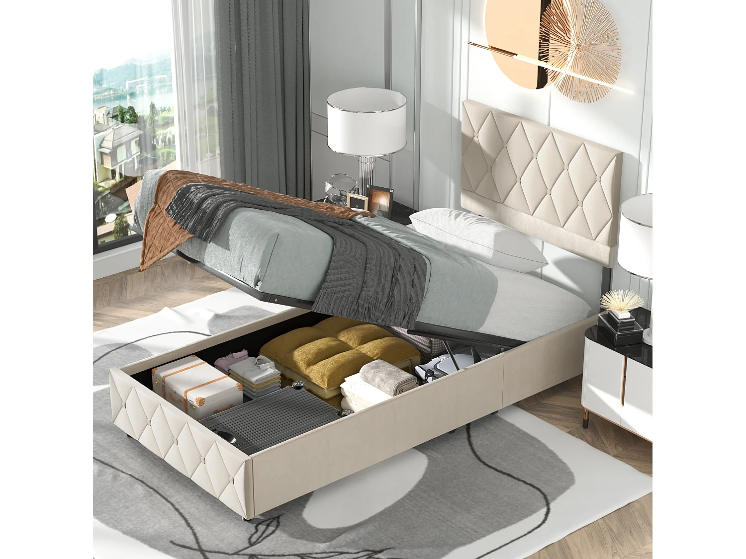 Volwassen opbergbed 90x200 cm, elegant en modern, verstelbaar hoofdeinde en lattenbodem, beige fluweel, matras niet inbegrepen