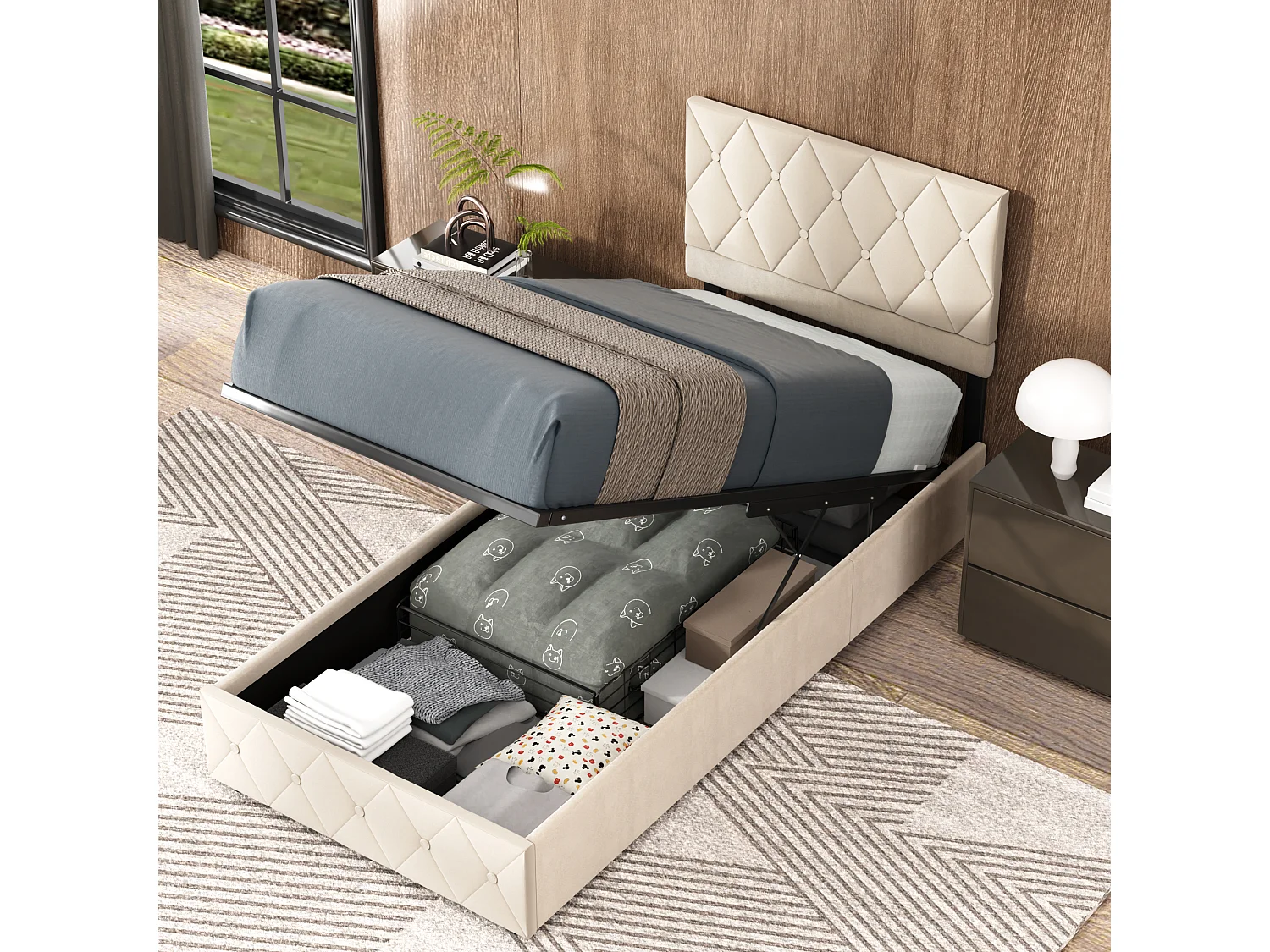 Volwassen opbergbed 90x200 cm, elegant en modern, verstelbaar hoofdeinde en lattenbodem, beige fluweel, matras niet inbegrepen