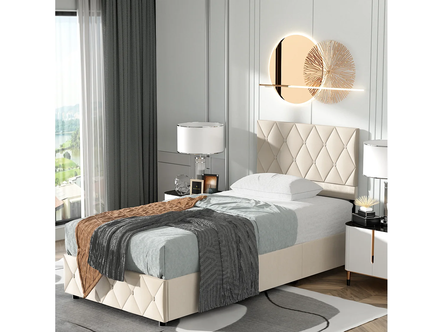 Volwassen opbergbed 90x200 cm, elegant en modern, verstelbaar hoofdeinde en lattenbodem, beige fluweel, matras niet inbegrepen