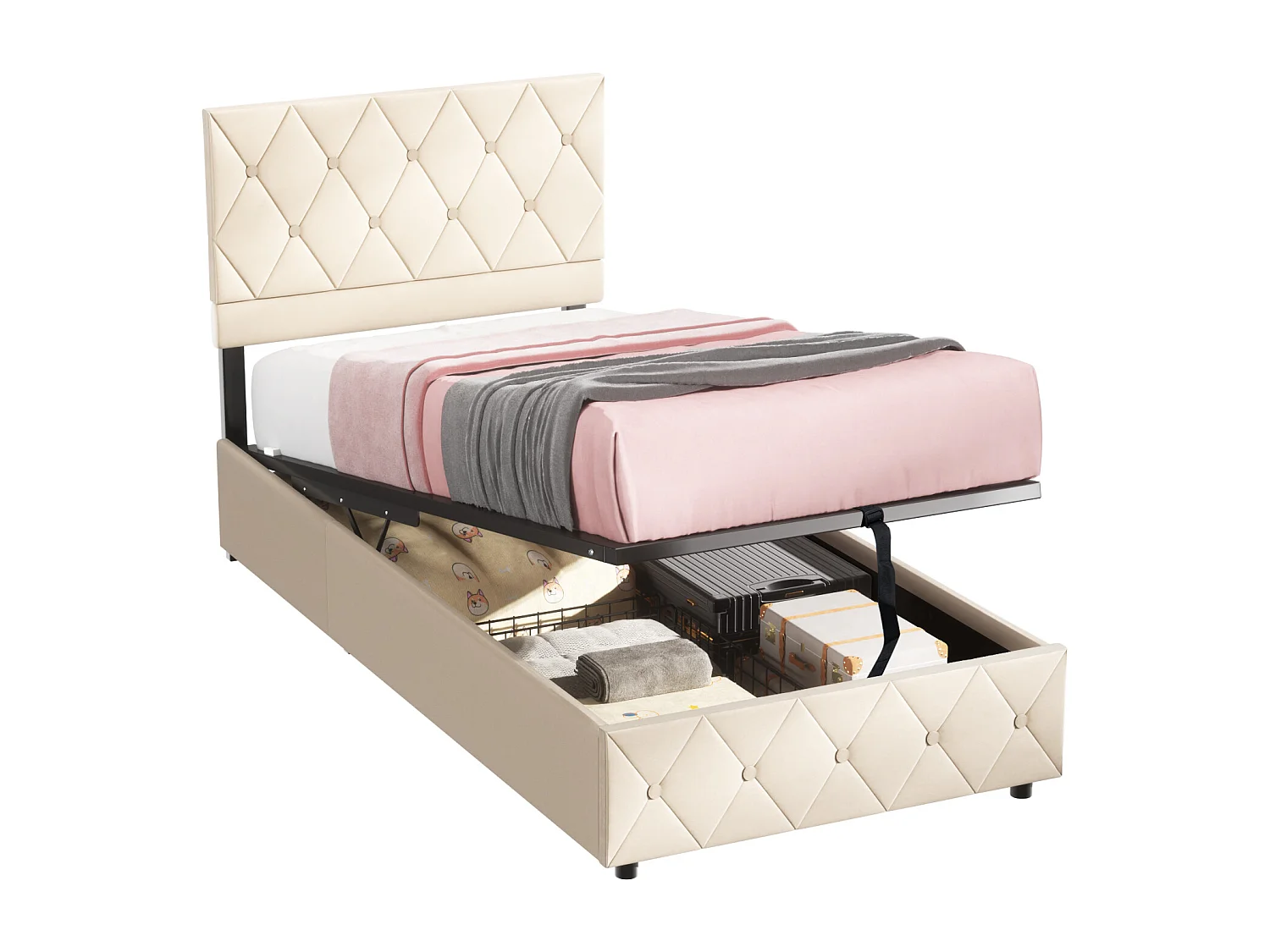 Volwassen opbergbed 90x200 cm, elegant en modern, verstelbaar hoofdeinde en lattenbodem, beige fluweel, matras niet inbegrepen