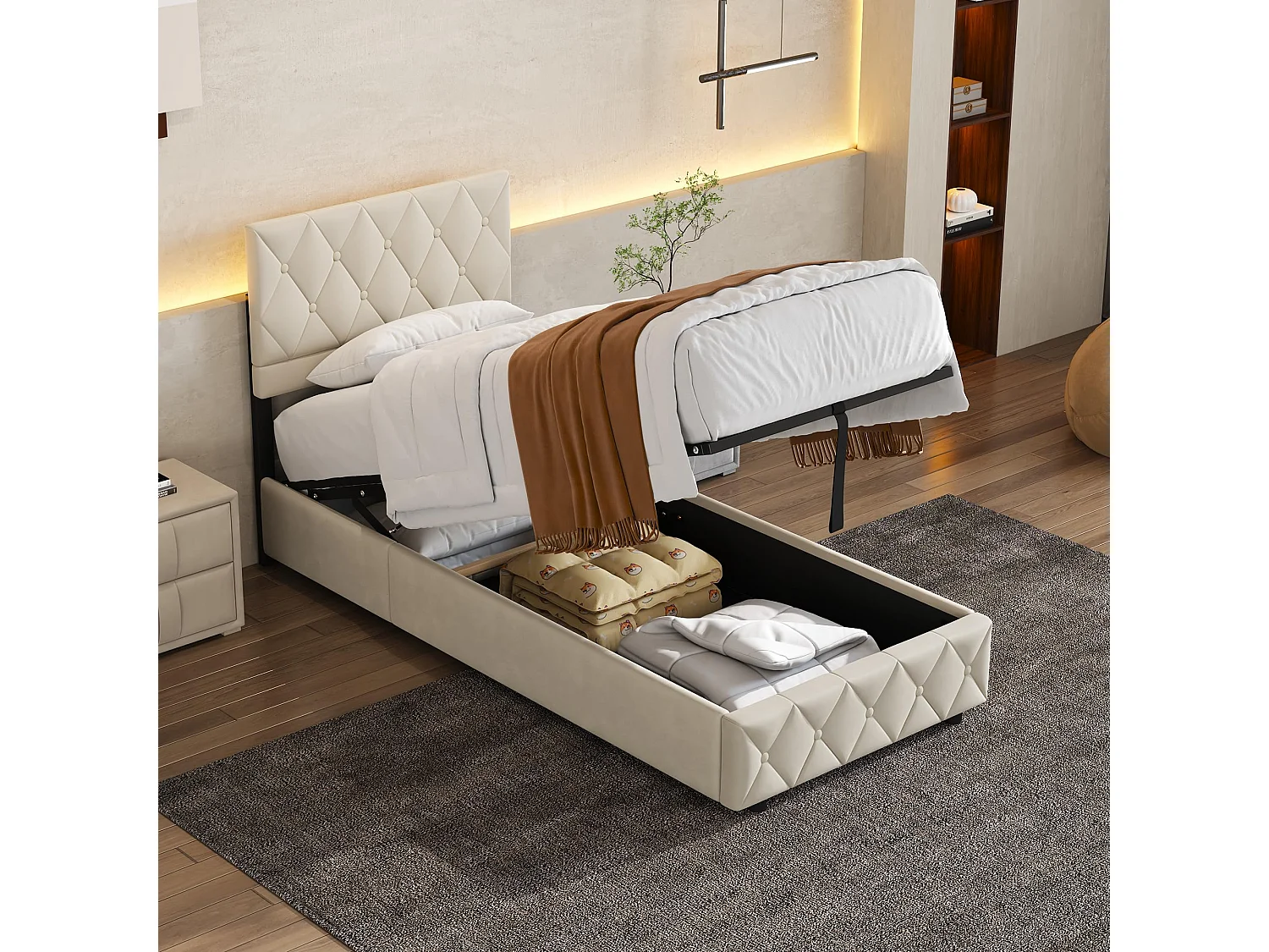 lit coffre moderne 90x190cm, lit simple avec tête de lit réglable,sommier, velours beige, sans matelas