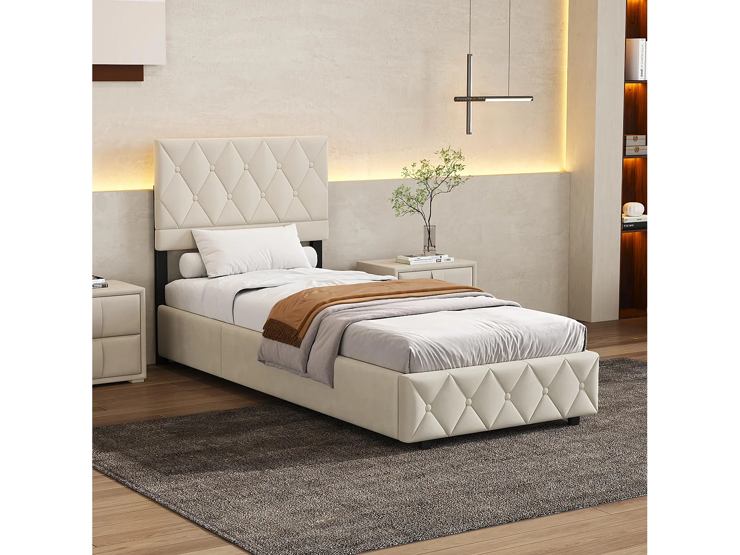 lit coffre moderne 90x190cm, lit simple avec tête de lit réglable,sommier, velours beige, sans matelas