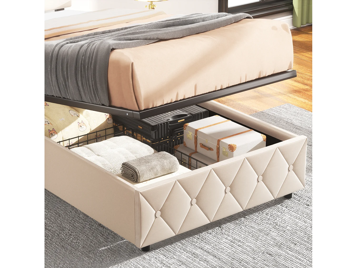 lit coffre moderne 90x190cm, lit simple avec tête de lit réglable,sommier, velours beige, sans matelas