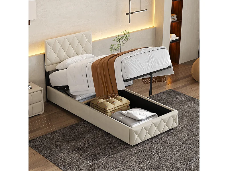 lit coffre moderne 90x190cm, lit simple avec tête de lit réglable,sommier, velours beige, sans matelas