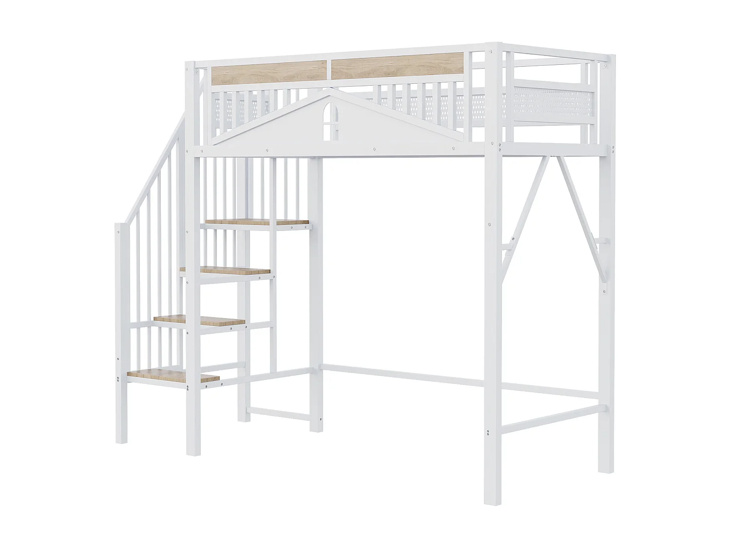 lit mezzanine simple 90x200cm, clôtures et d'échelles, en métal blanc+ bois, sans matelas