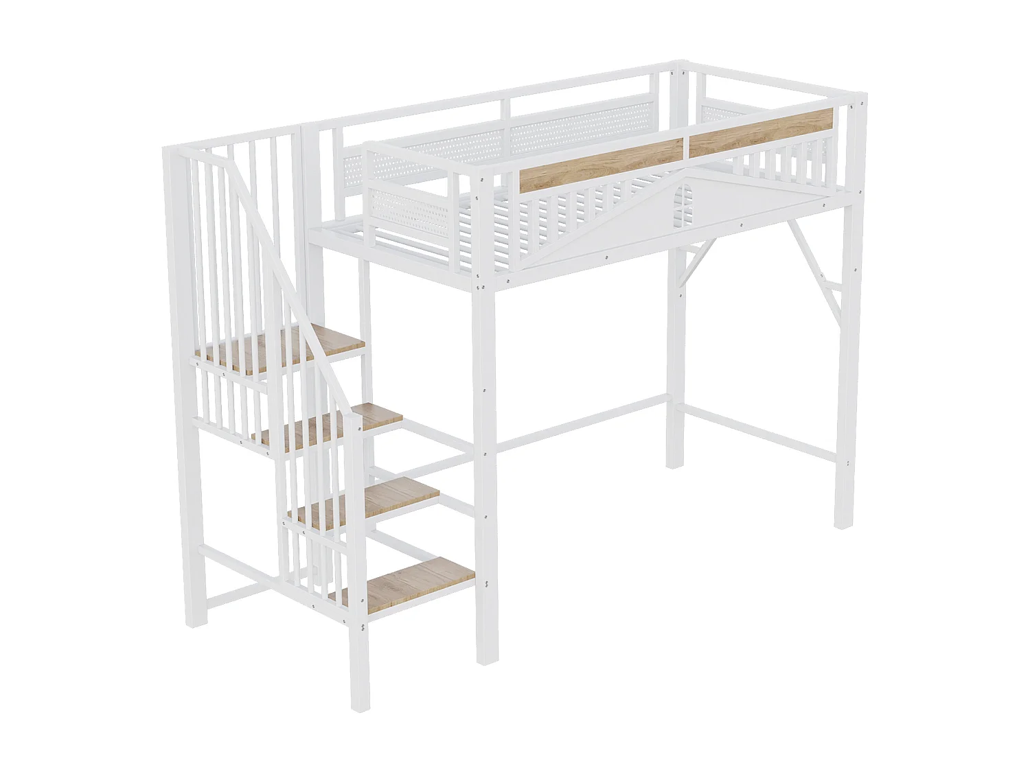 lit mezzanine simple 90x200cm, clôtures et d'échelles, en métal blanc+ bois, sans matelas