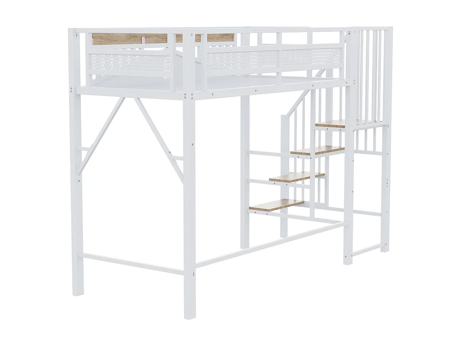 lit mezzanine simple 90x200cm, clôtures et d'échelles, en métal blanc+ bois, sans matelas