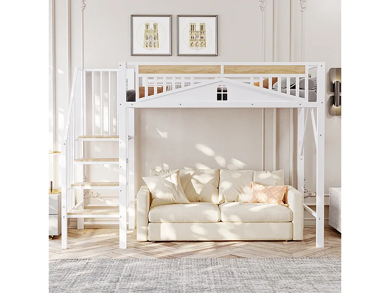 lit mezzanine simple 90x200cm, clôtures et d'échelles, en métal blanc+ bois, sans matelas