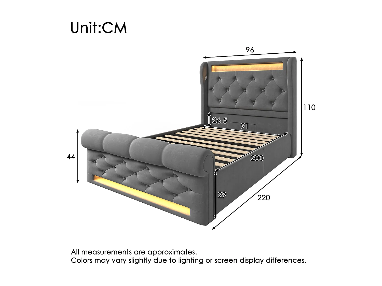 Gestoffeerd Bed 90x200 cm - Hydraulisch Opbergbed met LED - Met USB en Type-C Oplaadstation - Fluweel - Grijs - Zonder matras