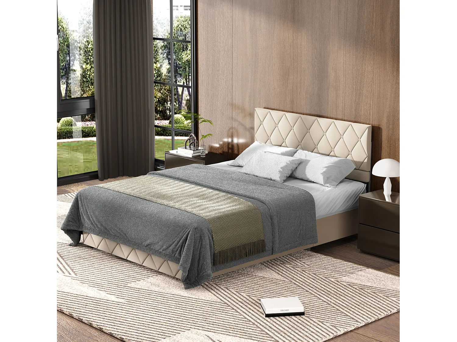 Lit coffre double 160x200 cm, Tête de Lit Réglable, Élégant et moderne, Velours Beige, Sans Matelas