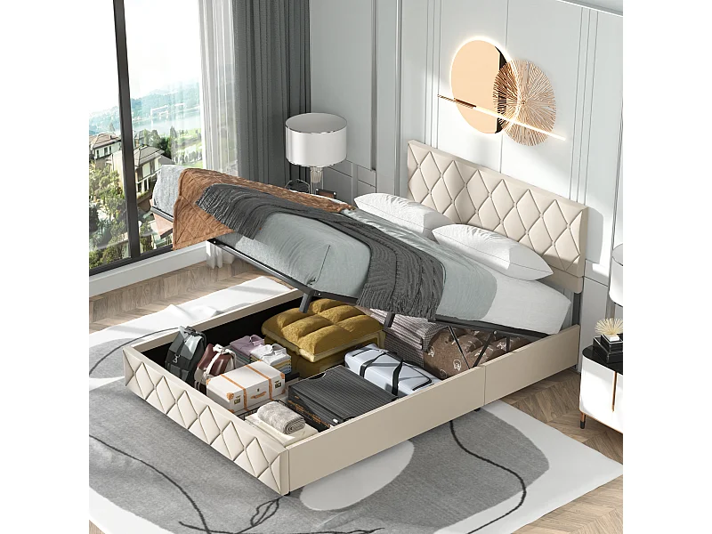 Lit coffre double 160x200 cm, Tête de Lit Réglable, Élégant et moderne, Velours Beige, Sans Matelas