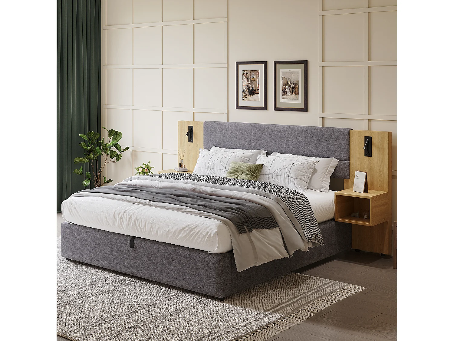 Lit coffre 180x200 cm, port USB et éclairage, chevet avec rangement, velours, gris et naturel, sans matelas