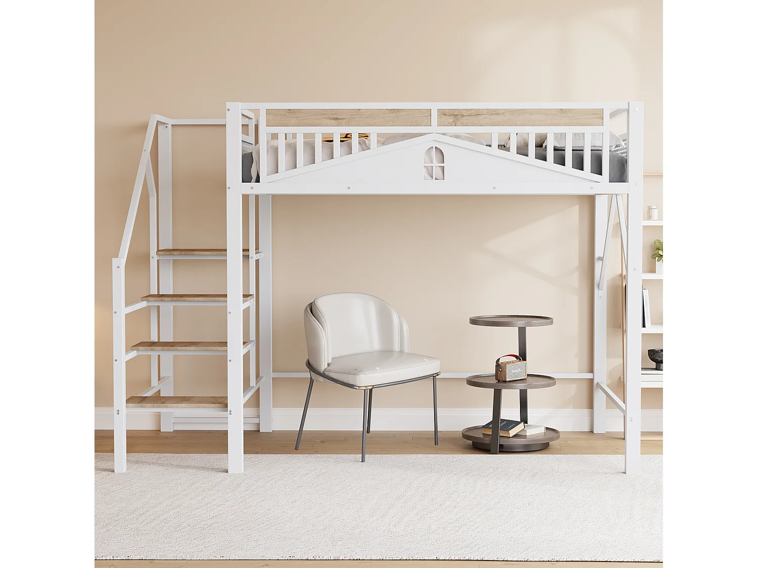 lit mezzanine double 140x200cm, clôtures et d'échelles, en métal blanc+ bois, sans matelas