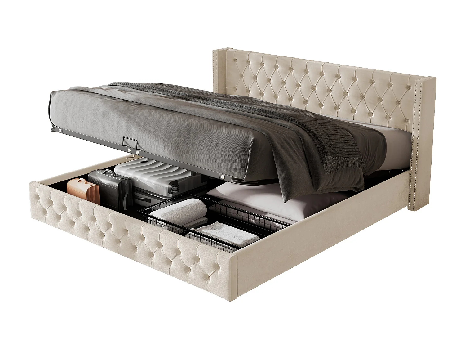 Lit coffre moderne 160x200 cm avec rangement, tissu en fond, sommier à lattes, velours beige, sans matelas