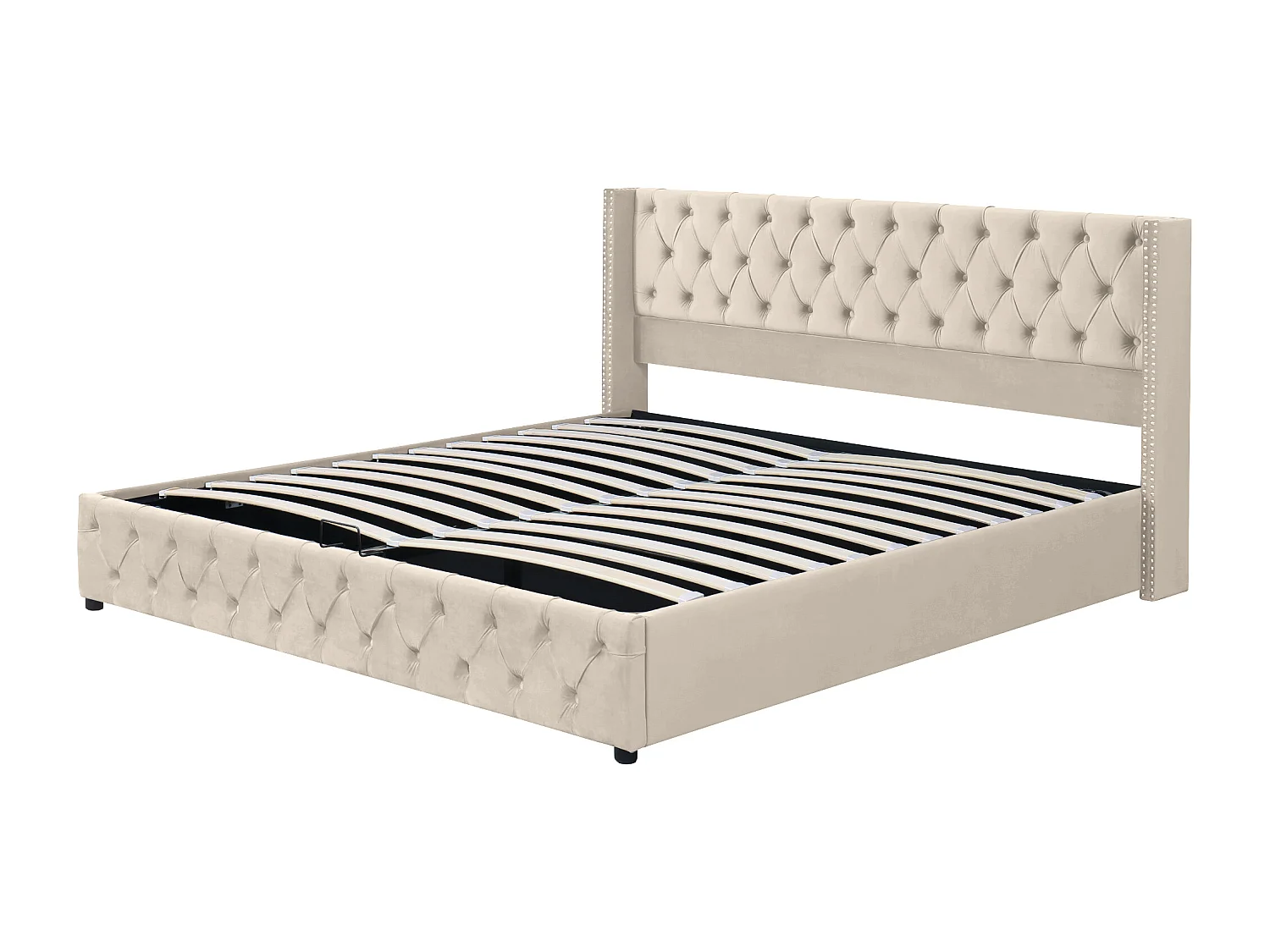 Lit coffre moderne 160x200 cm avec rangement, tissu en fond, sommier à lattes, velours beige, sans matelas