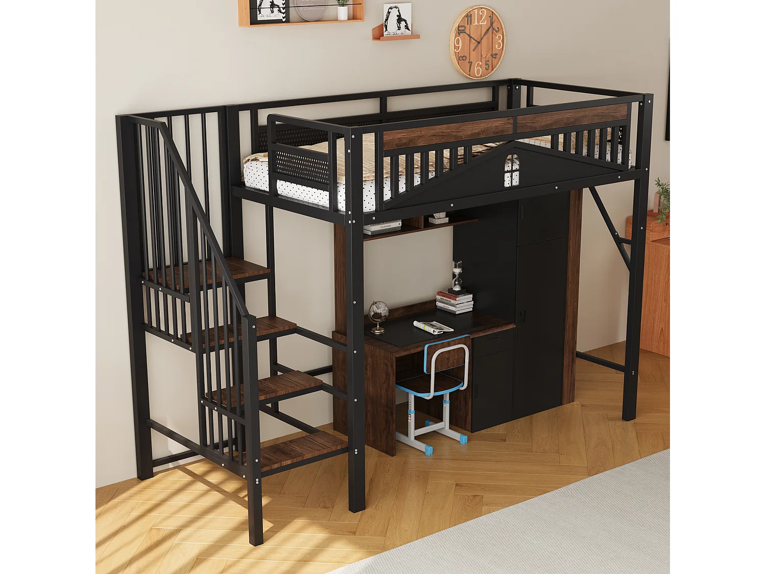 Metalen Hoogslaper 90x200cm - Veiligheidsrand Met Raamdesign - Veiligheidsladder Met Opbergruimte - Kinderkamer - Metaal/Hout - Zwart - Zonder matras